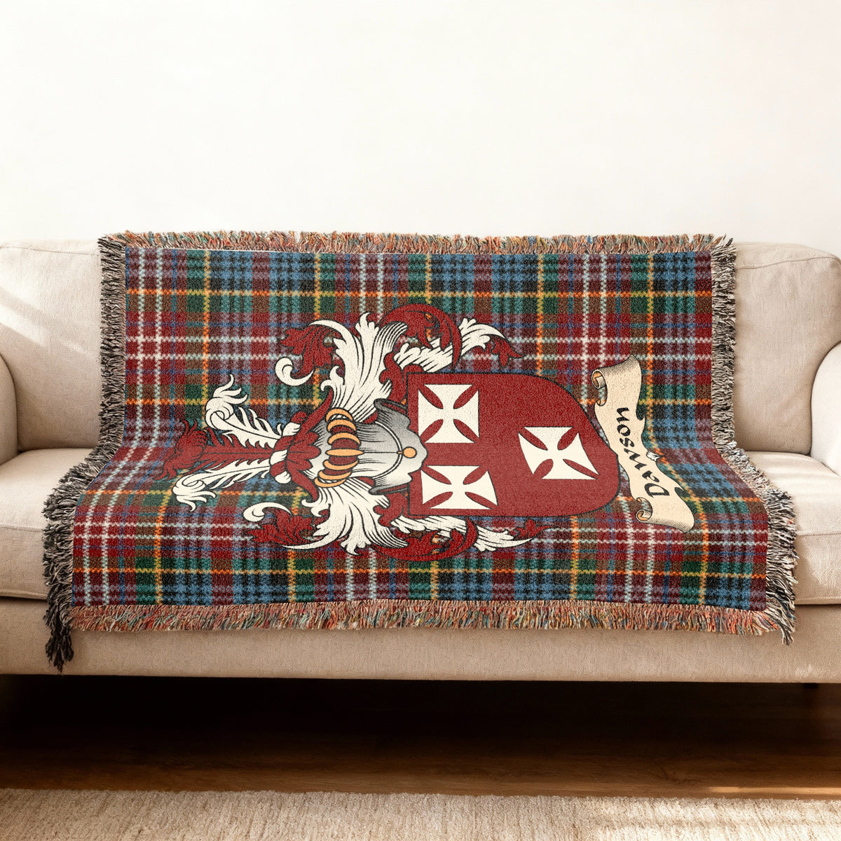 Dawson Scottish woven blanket with family shield and Caledonia tartan background