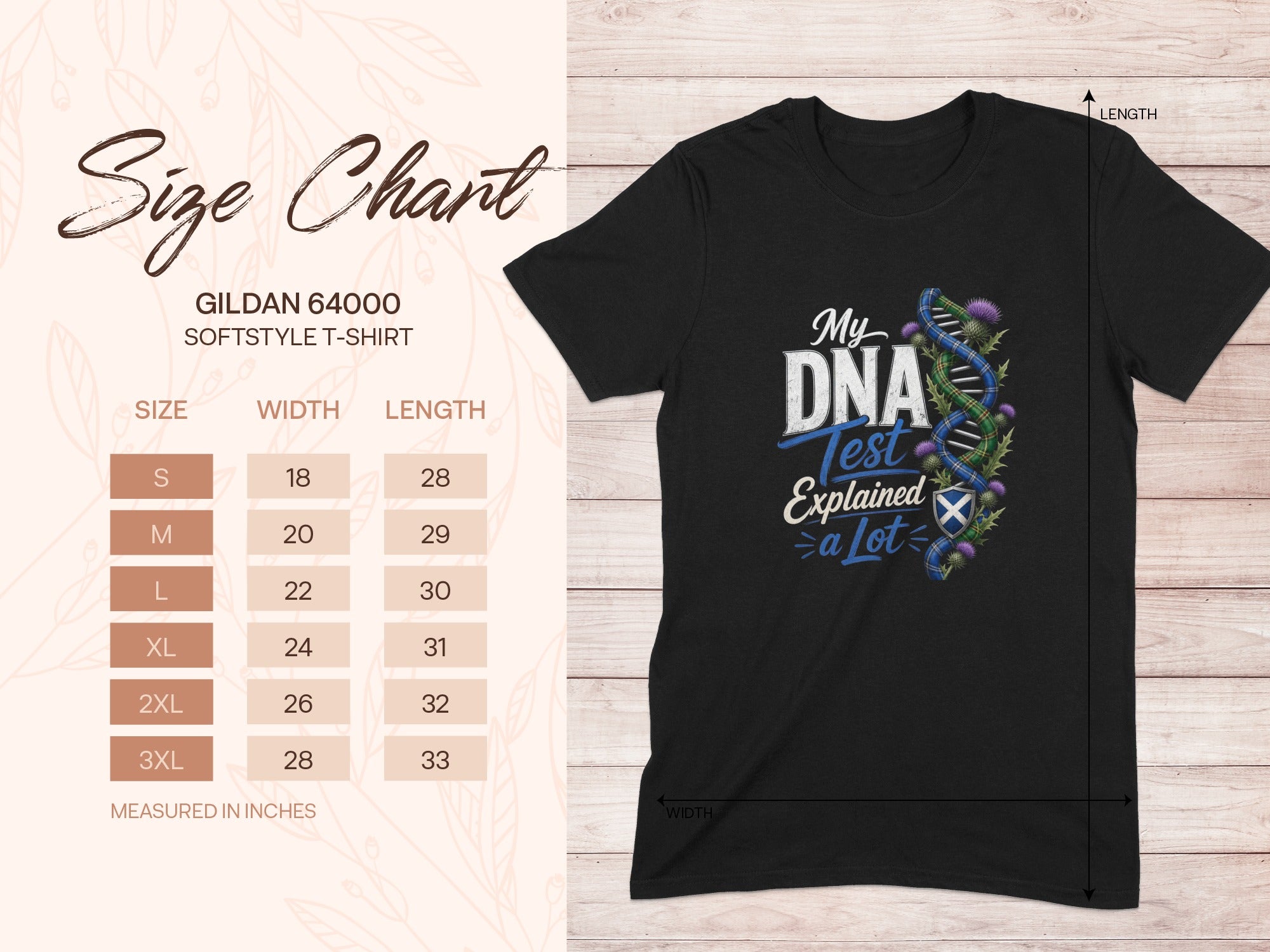 Size chart for Gildan 64000 softstyle t-shirt with "My DNA Test Explained a Lot" graphic.