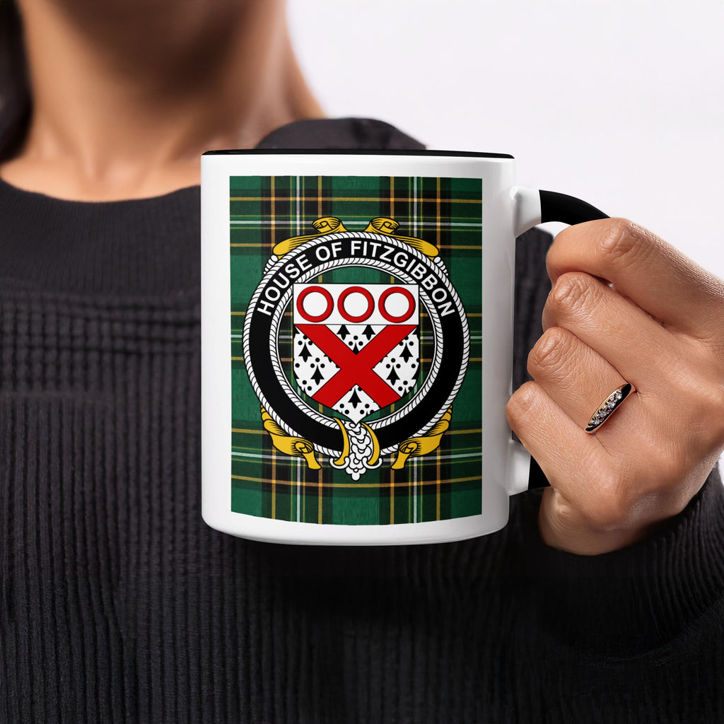 Fitzgibbon Irish heritage ceramic mug showing tartan and surname emblem
