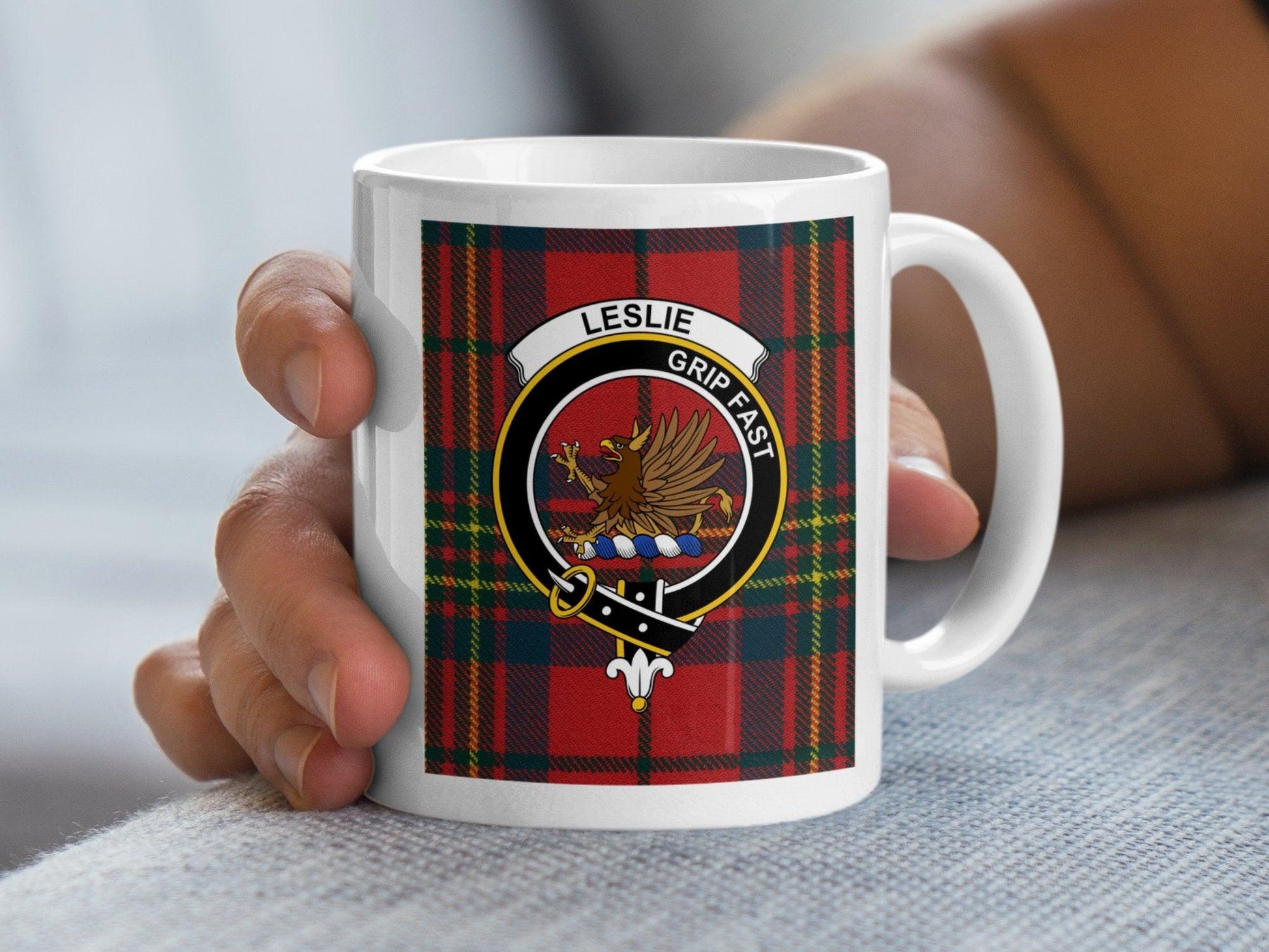 Leslie Crest on Scottish Tartan Plaid with Clan Motto Mug - Living Stone Gifts