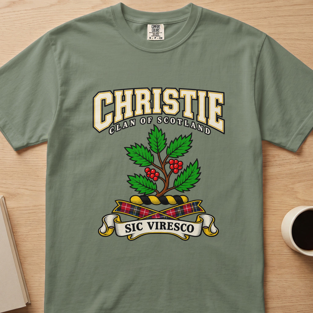 Christie clan T-shirt in sage green, front view with green leafy branch with red berries