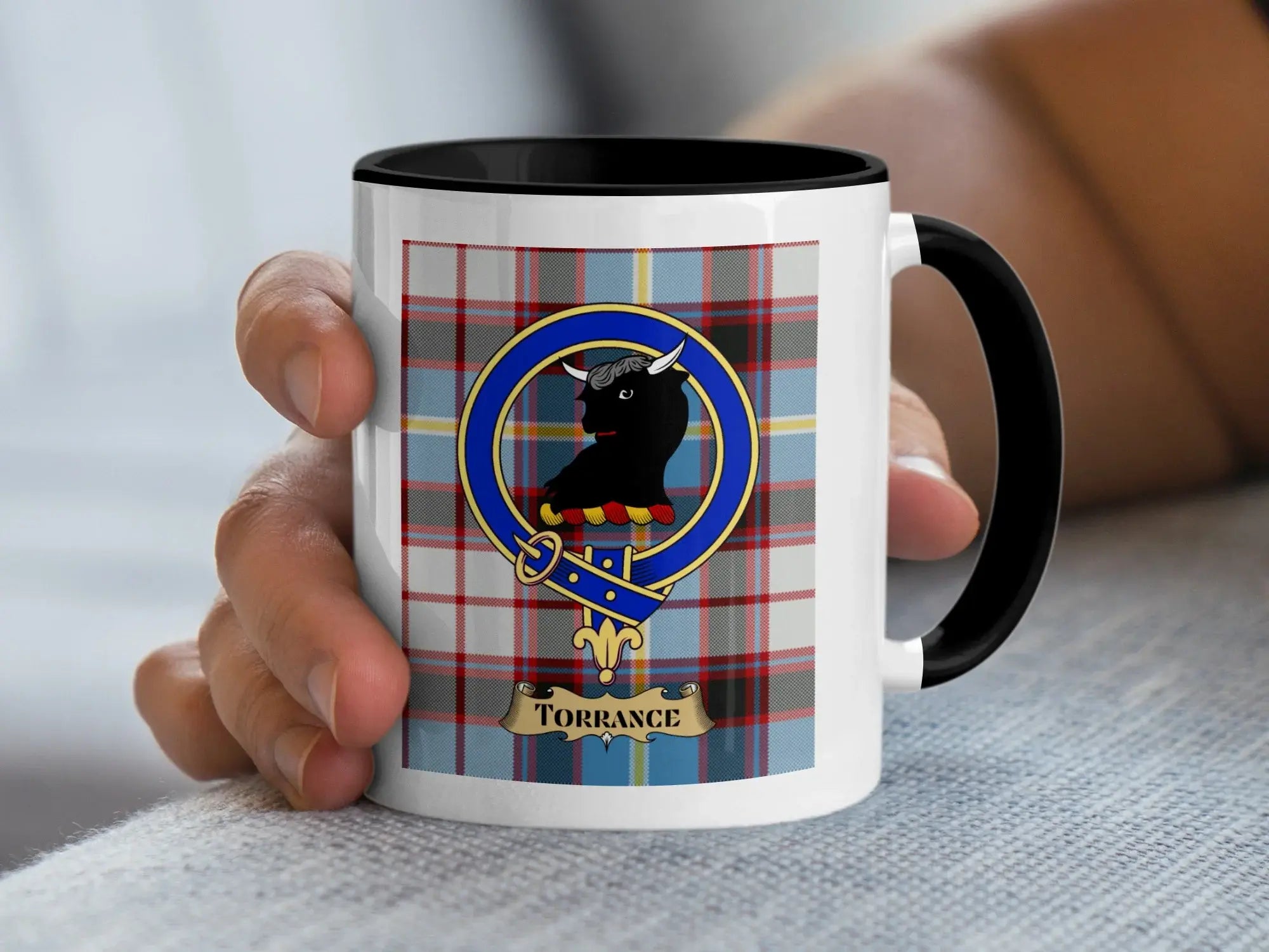 Torrance tartan mug with a coloured accent handle and interior