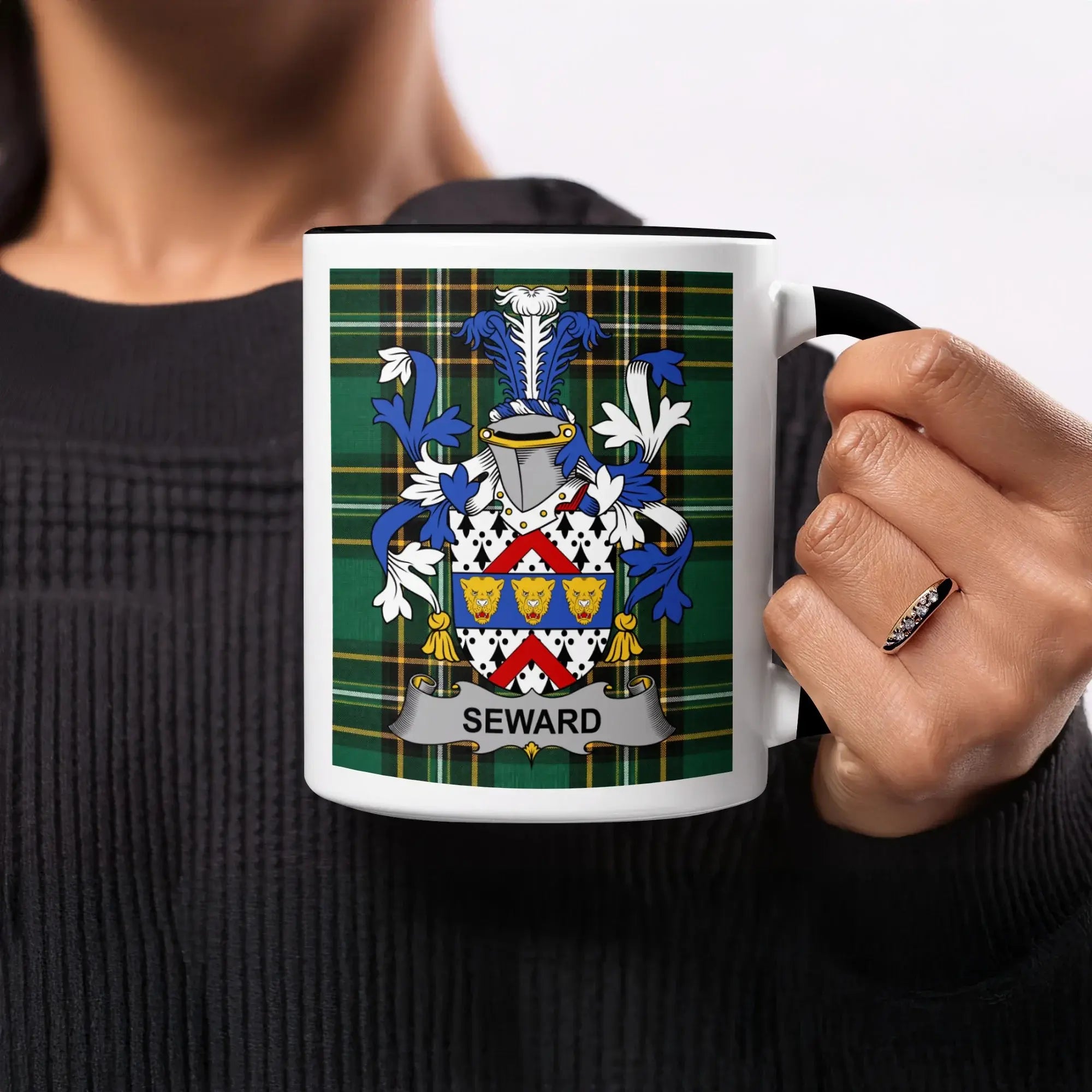 Seward Irish heritage mug with black interior and surname crest