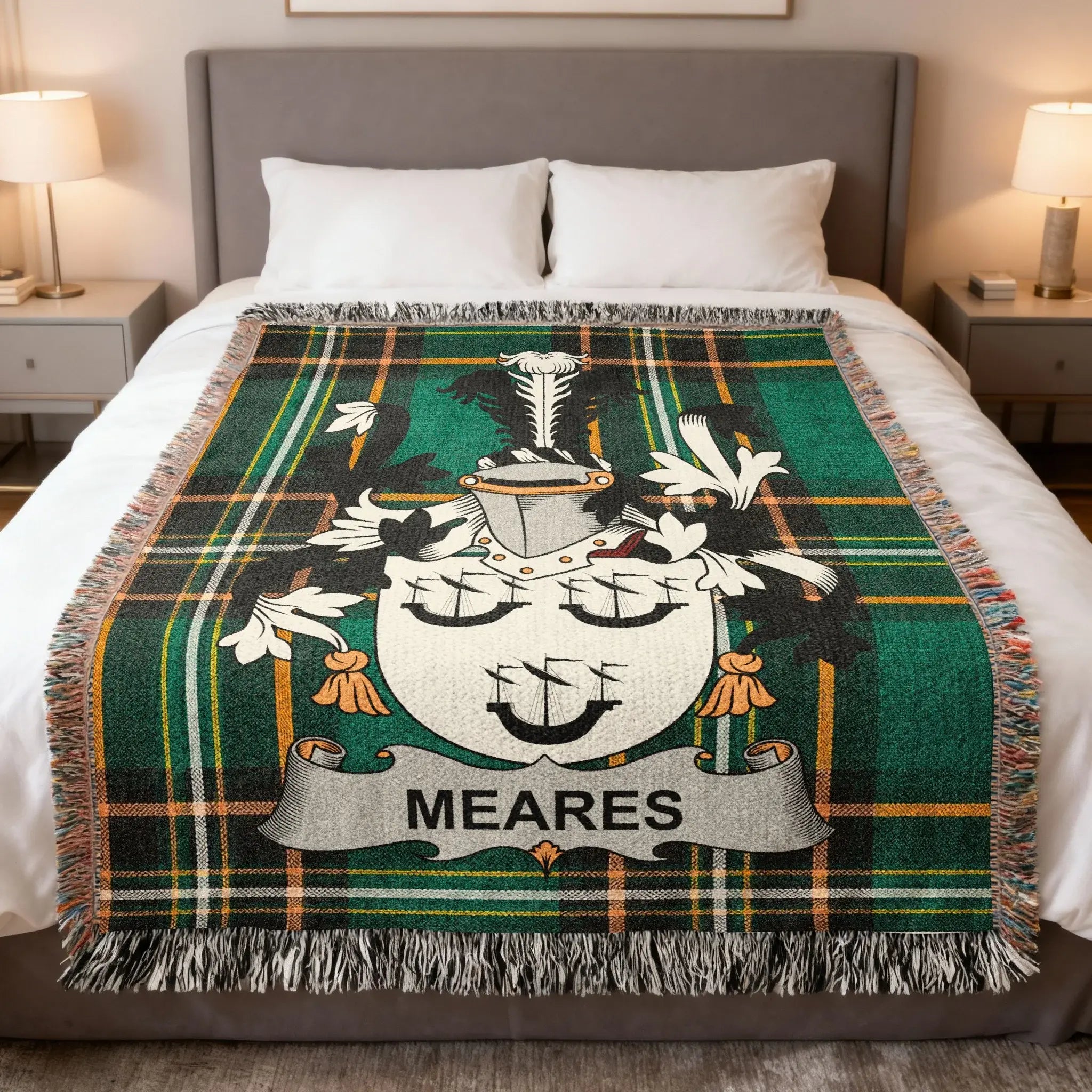 Green plaid throw blanket featuring the Mears family crest centered on the design.