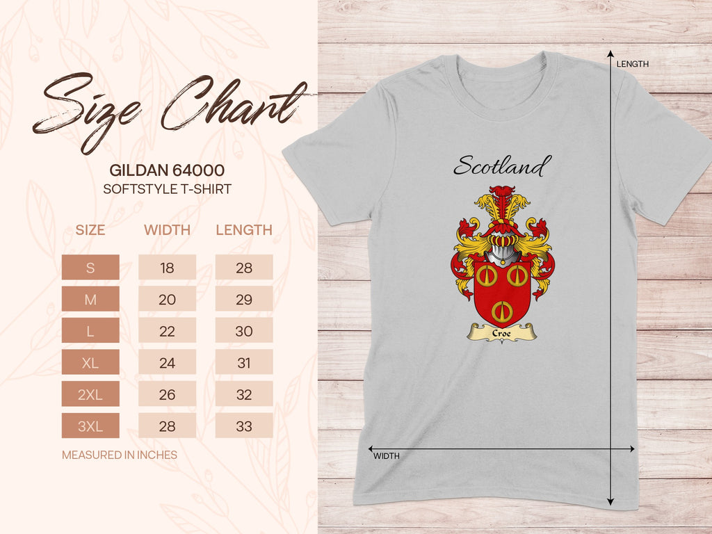 Gildan 64000 size chart for the Croe unisex T-shirt, sizes S to 3XL