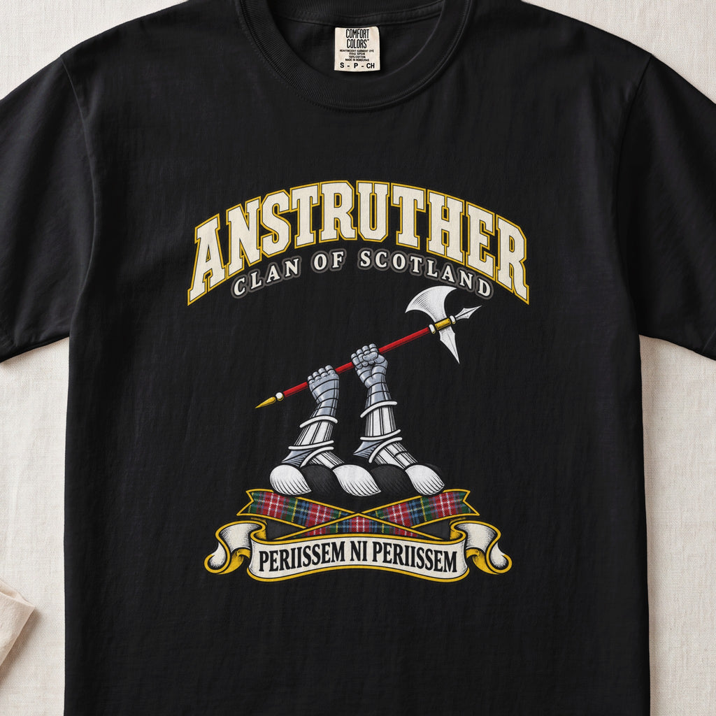 Anstruther Scottish clan T-shirt in Black, front view with two armoured hands holding a red-shafted halberd and motto banner.