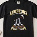 Anstruther Scottish clan T-shirt in Black, front view with two armoured hands holding a red-shafted halberd and motto banner.