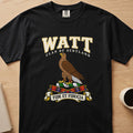 Watt clan T-shirt in black, front view with brown bird in profile
