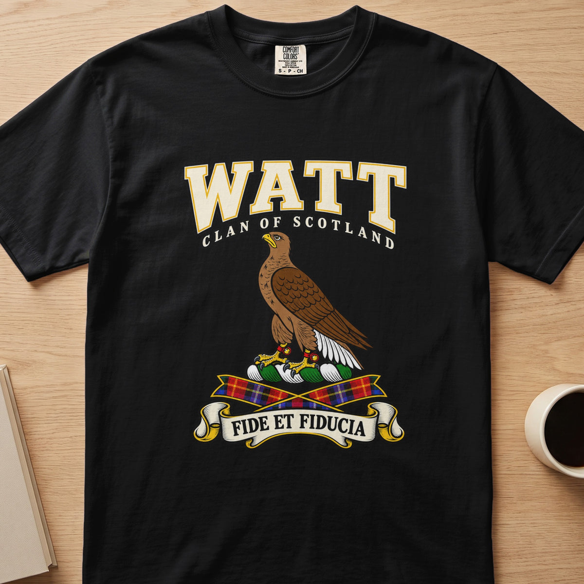 Watt clan T-shirt in black, front view with brown bird in profile