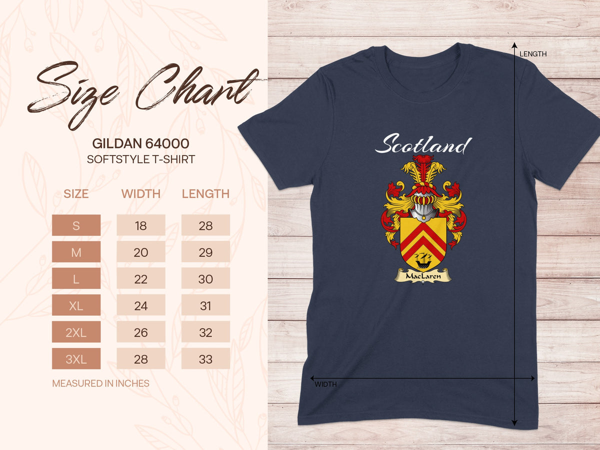 Gildan 64000 size chart for the MacLaren unisex T-shirt, sizes S to 3XL