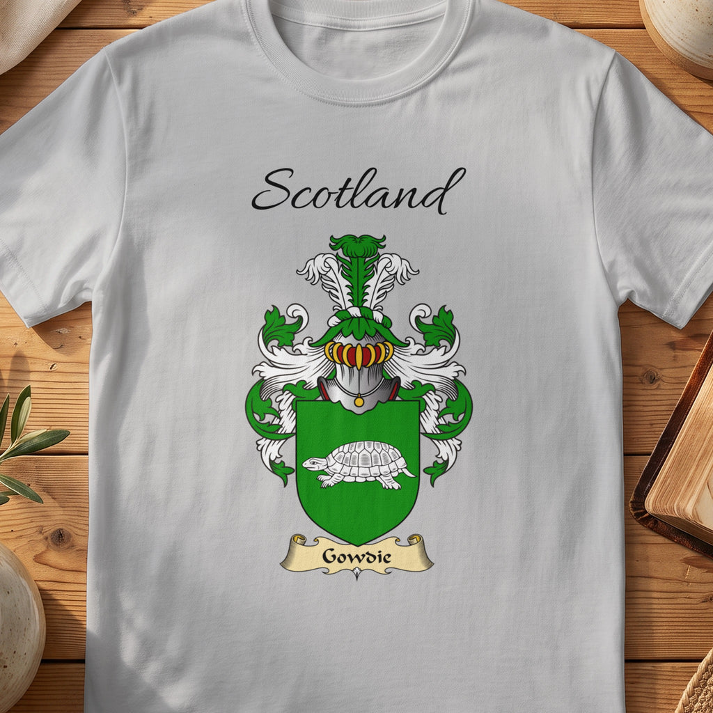 Sport Grey Gowdie Scottish family shield T-shirt featuring a pale tortoise on a green shield