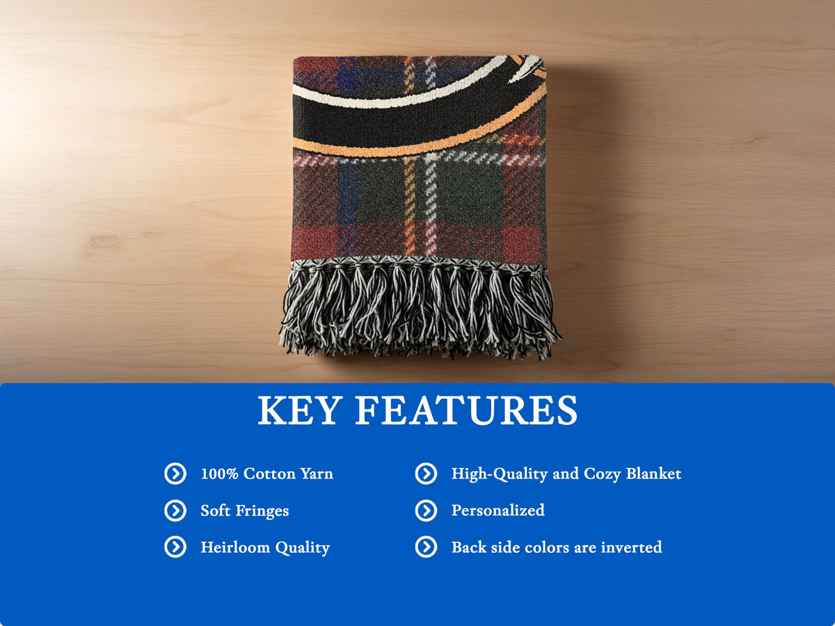 Stewart of Appin blanket features: 100% cotton yarn, soft fringes, heirloom quality and inverted reverse colours