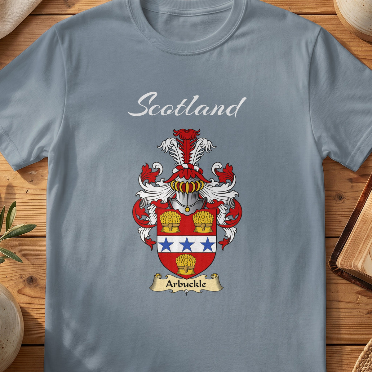 Arbuckle Scottish family shield T-shirt in Stone Blue