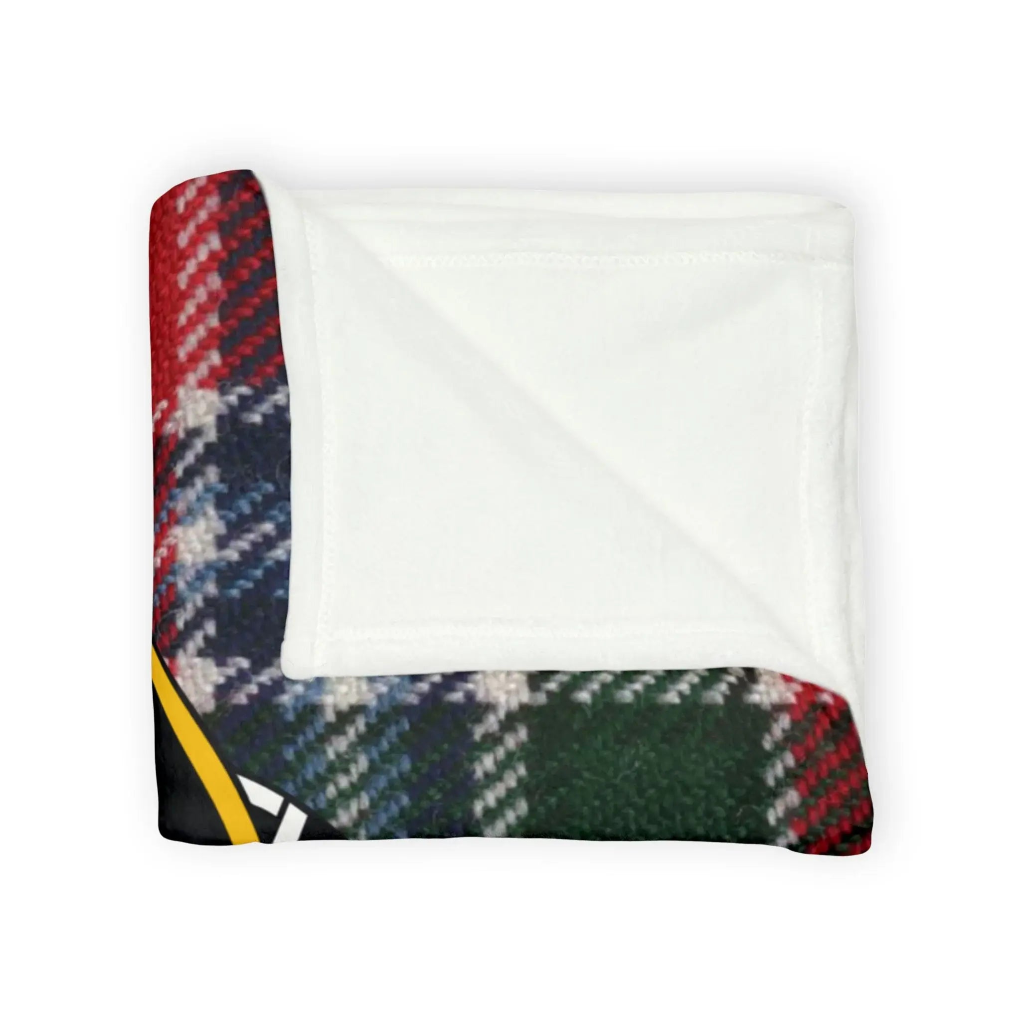 Folded plaid blanket with a black and yellow checkered corner accent.