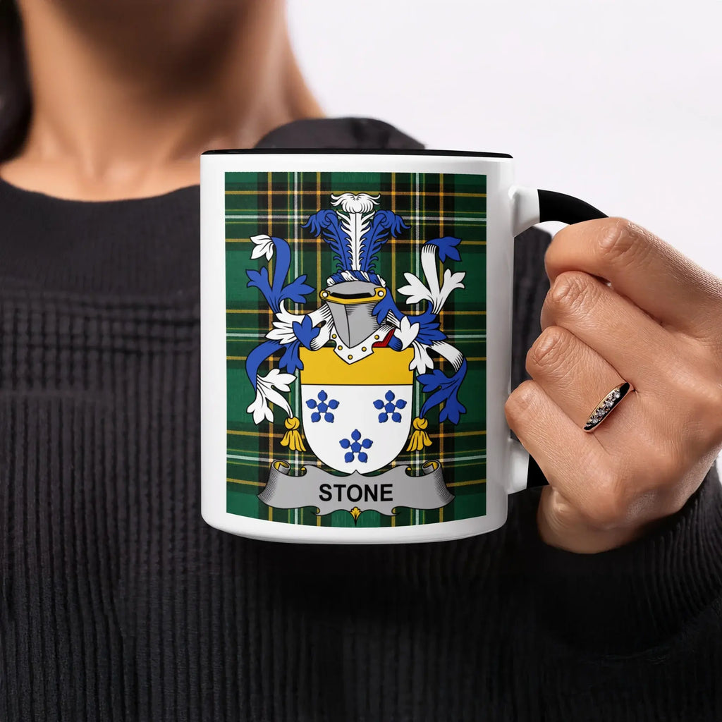 Stone black accent mug with Irish National Tartan and family crest