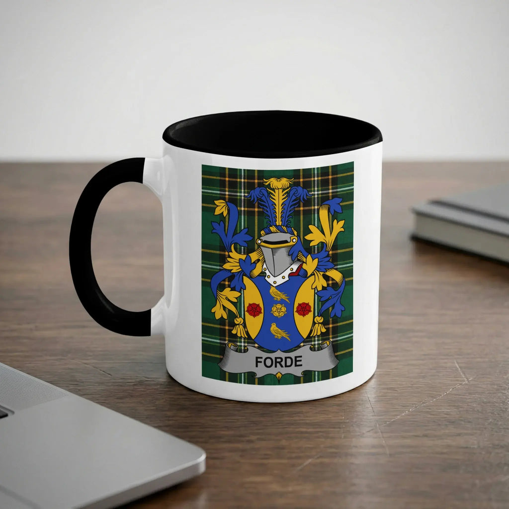 White mug with black rim featuring the Forde family coat of arms.