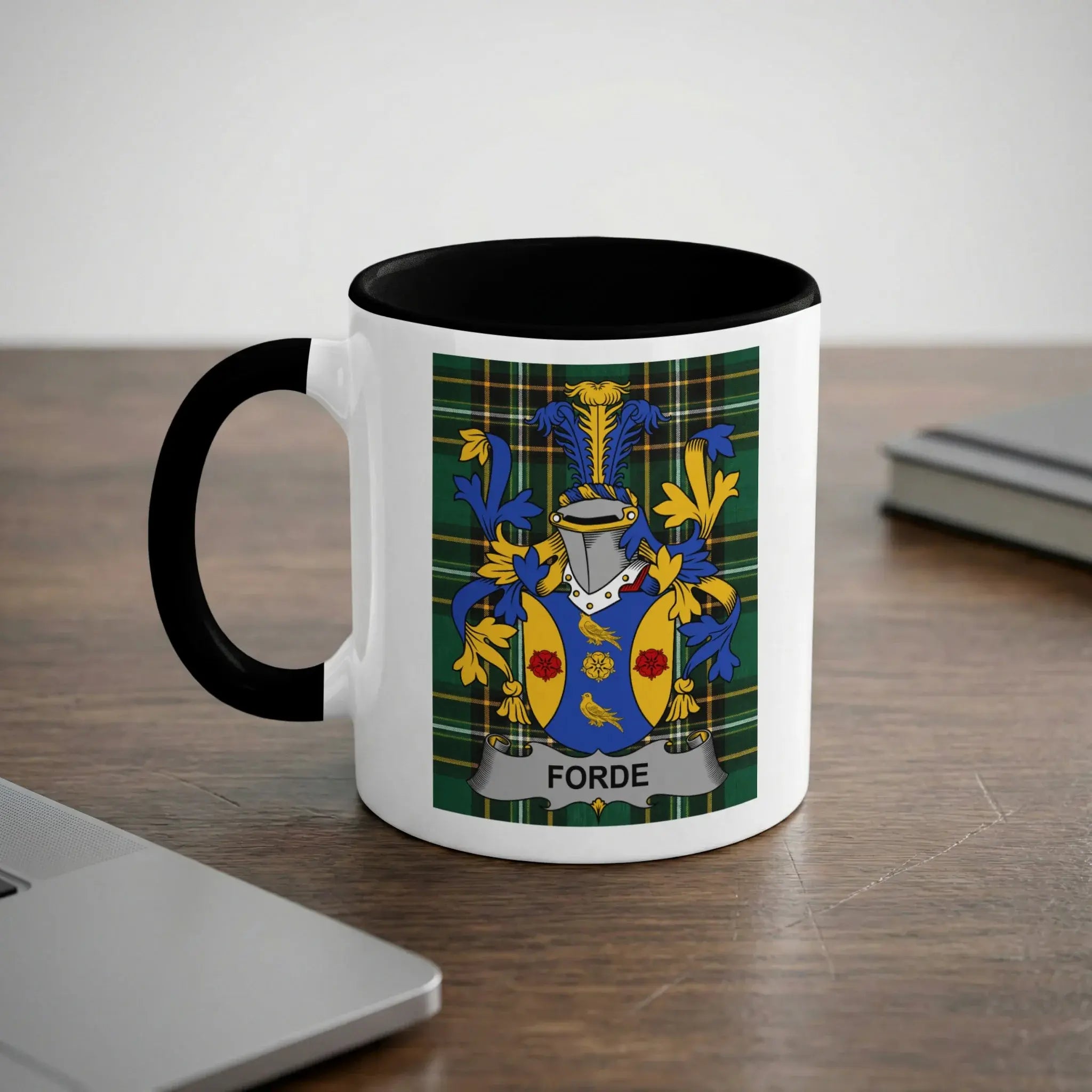 White mug with black rim featuring the Forde family coat of arms.