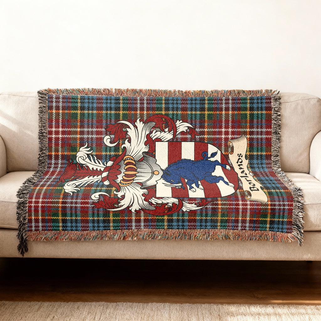 Borlands Scottish woven blanket with family shield and Caledonia tartan background