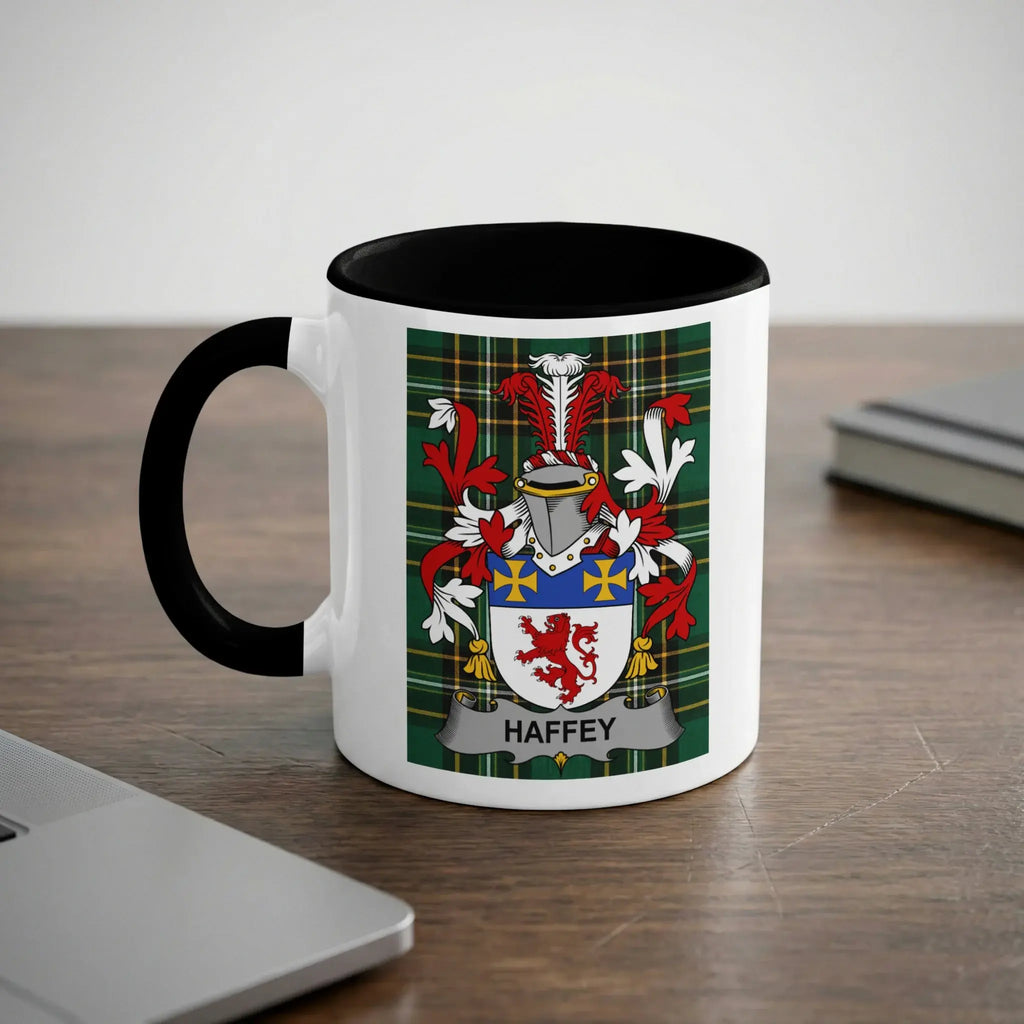 White mug with black rim and handle featuring the Haffey family crest.