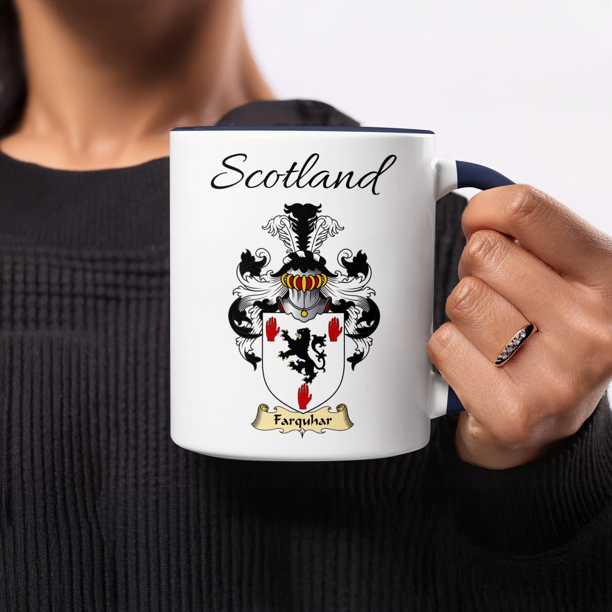 Farquhar 11 oz Scottish family crest ceramic mug showing a Scotland-topped heraldic emblem