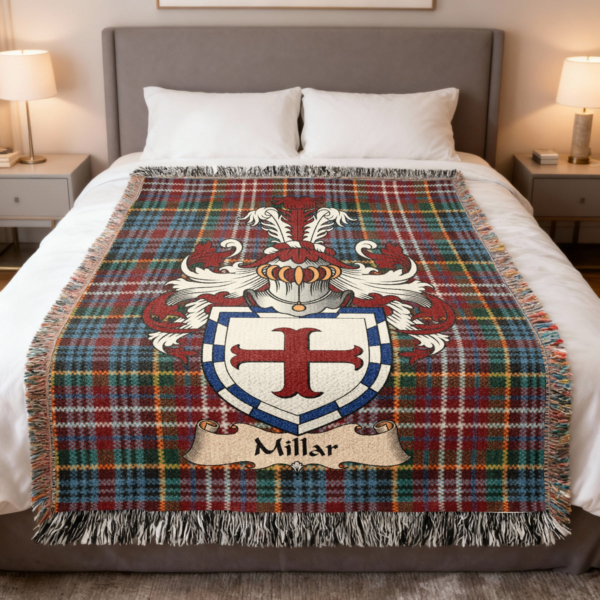 Millar Caledonia tartan heritage woven throw blanket with family shield