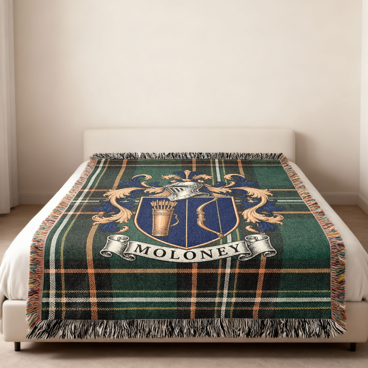 Moloney Irish National Tartan family crest woven throw displayed in a home setting