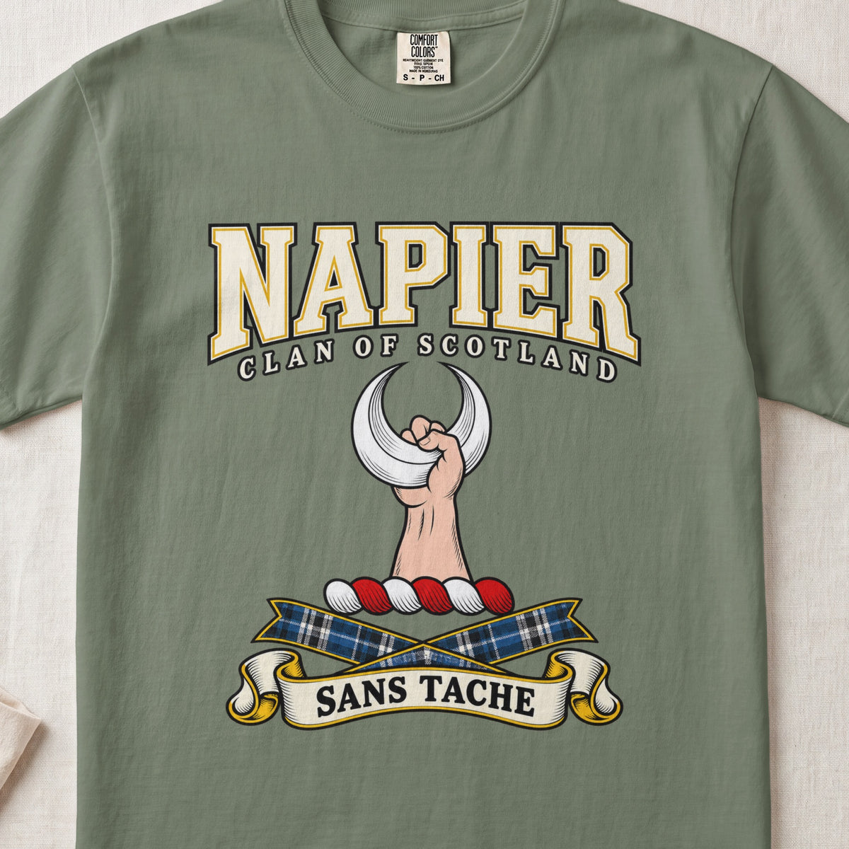 Napier Scottish clan graphic T-shirt in Moss, front view