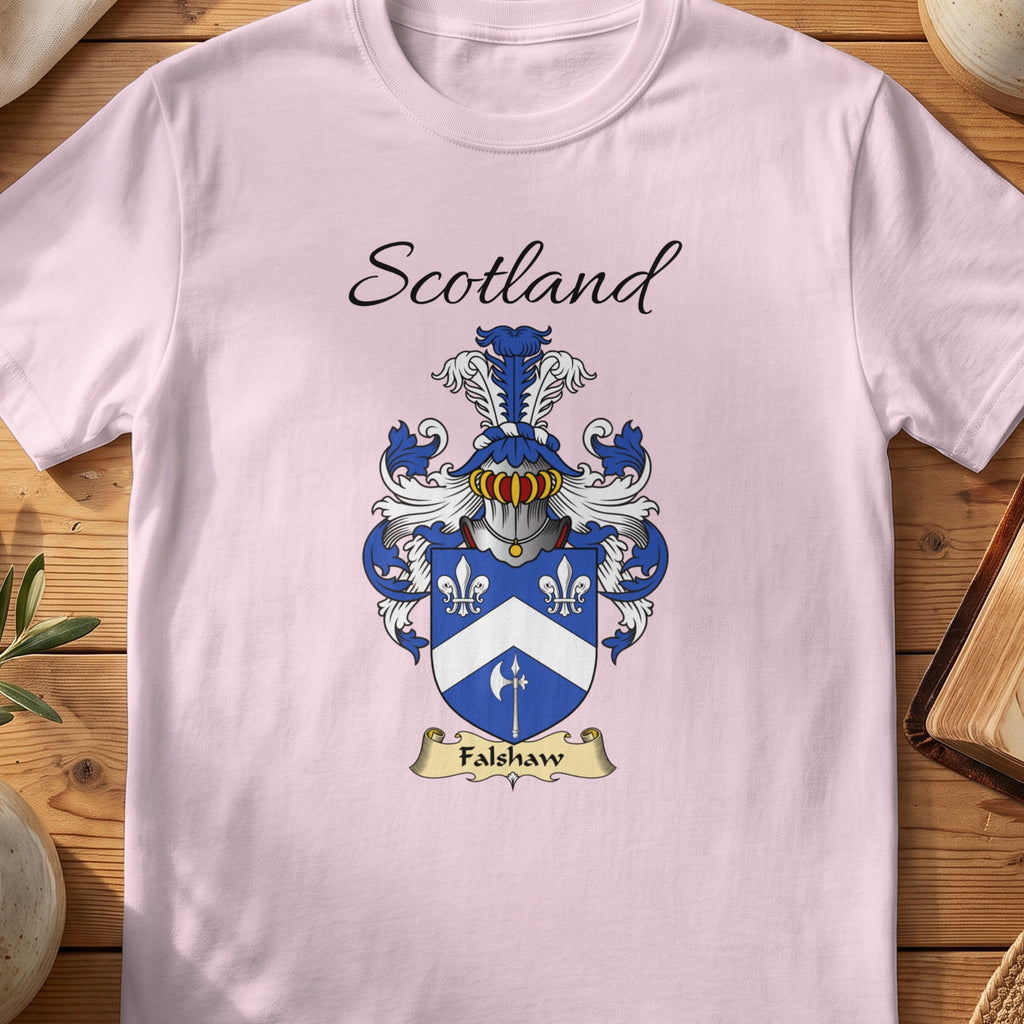 Light Pink Falshaw Scottish family shield T-shirt featuring a white chevron and floral motifs on blue