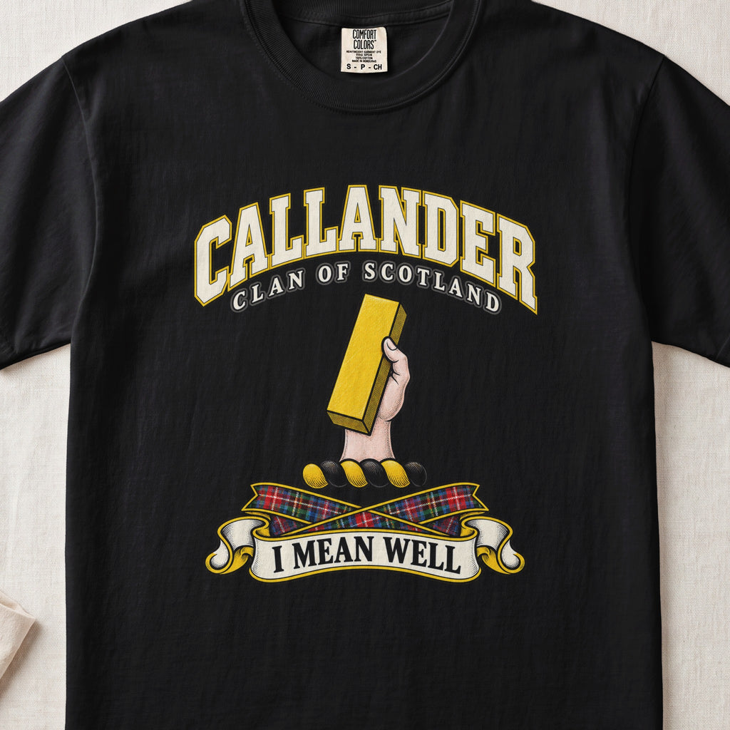 Callander Scottish clan T-shirt in Black, front view with a hand holding a gold rectangular bar and motto design.