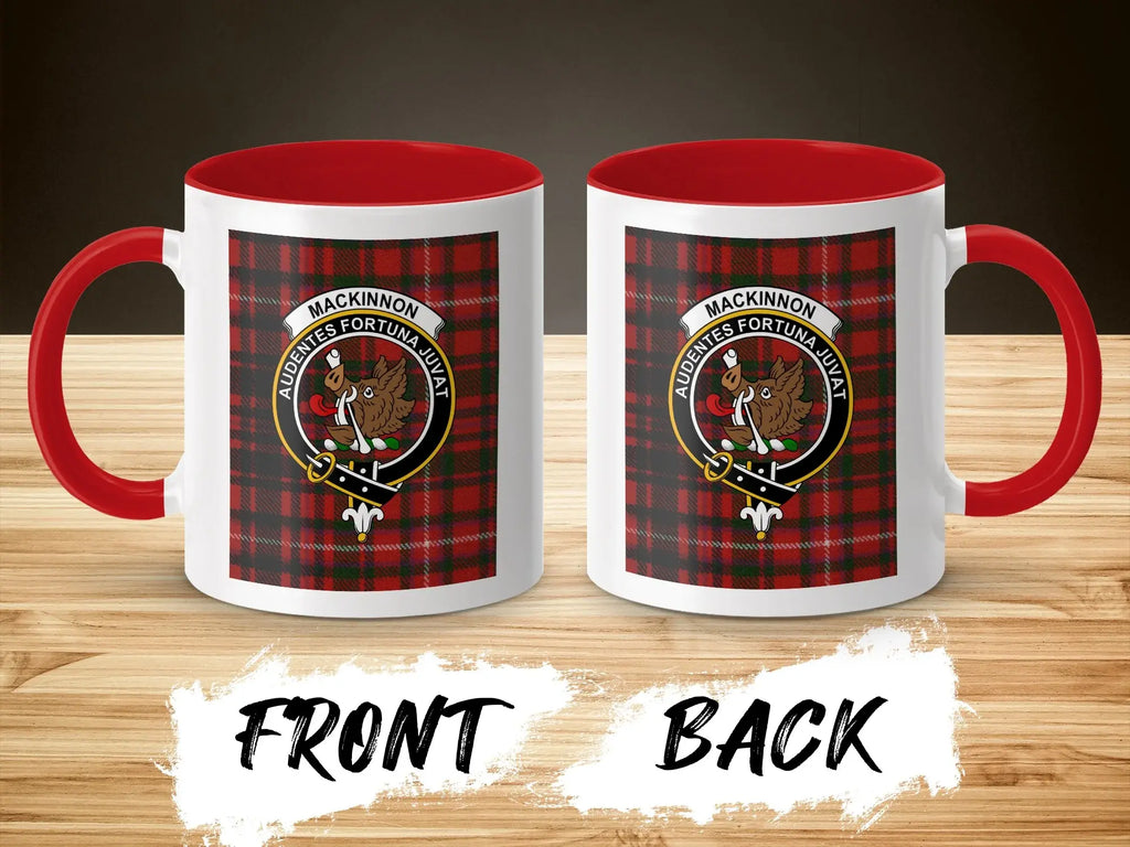 MacKinnon clan crest accent mug with red handle — Fortune Favours the Bold tartan 11 oz