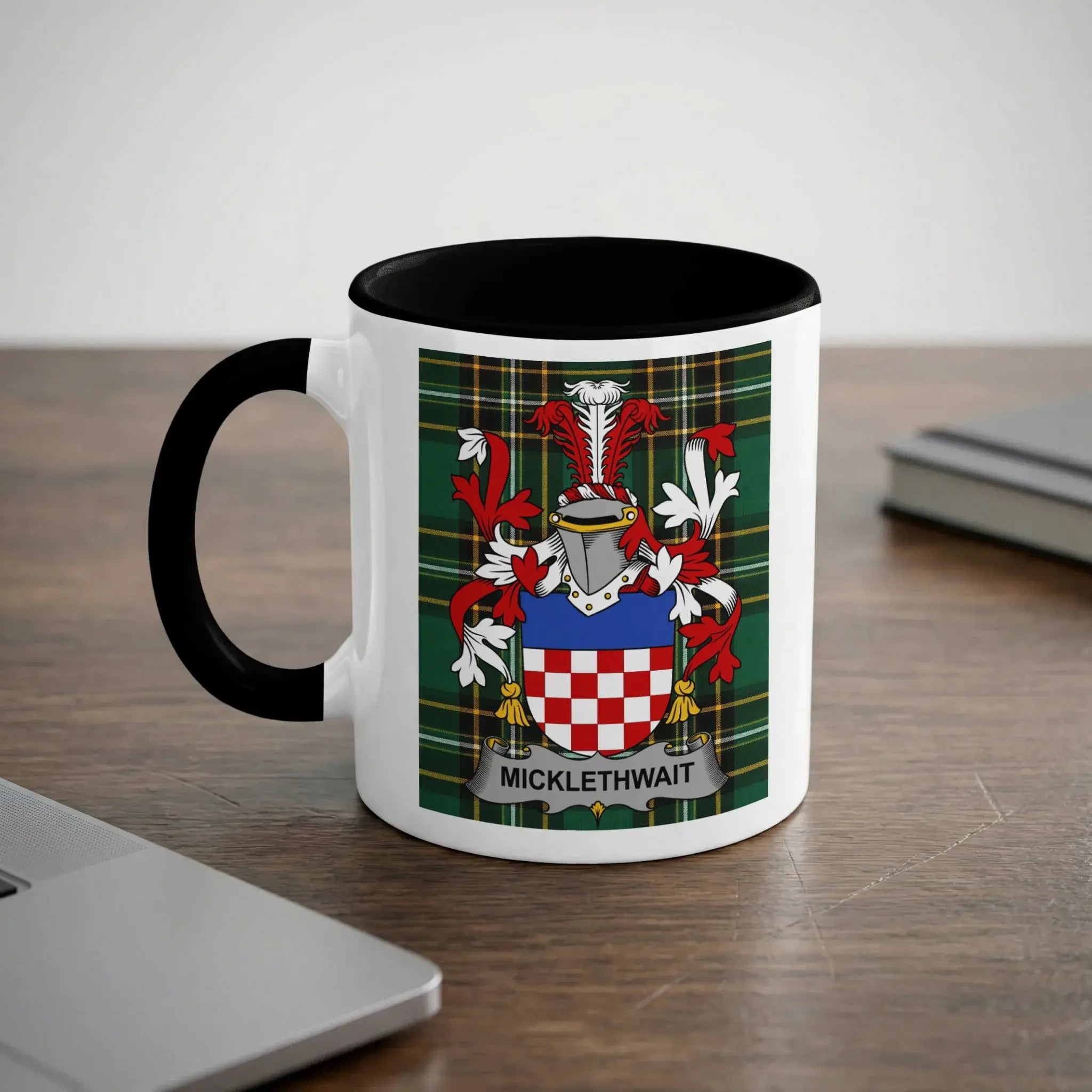 Micklethwait Irish heritage mug with black handle and family crest