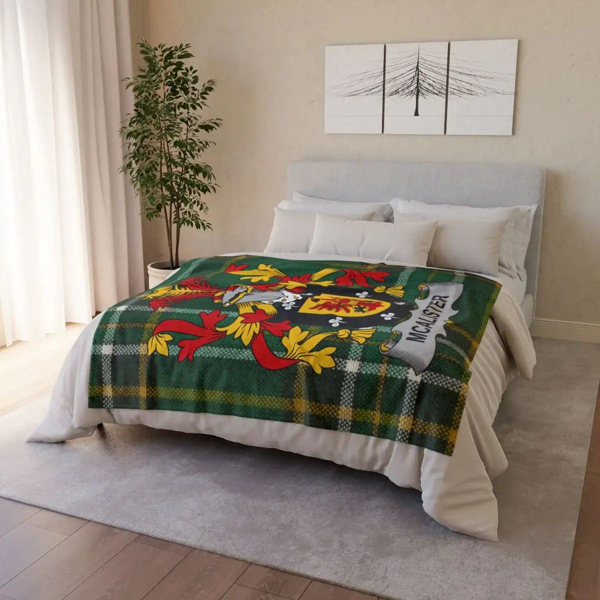 Vibrant Green Tartan Blanket with Crest Bedding product
