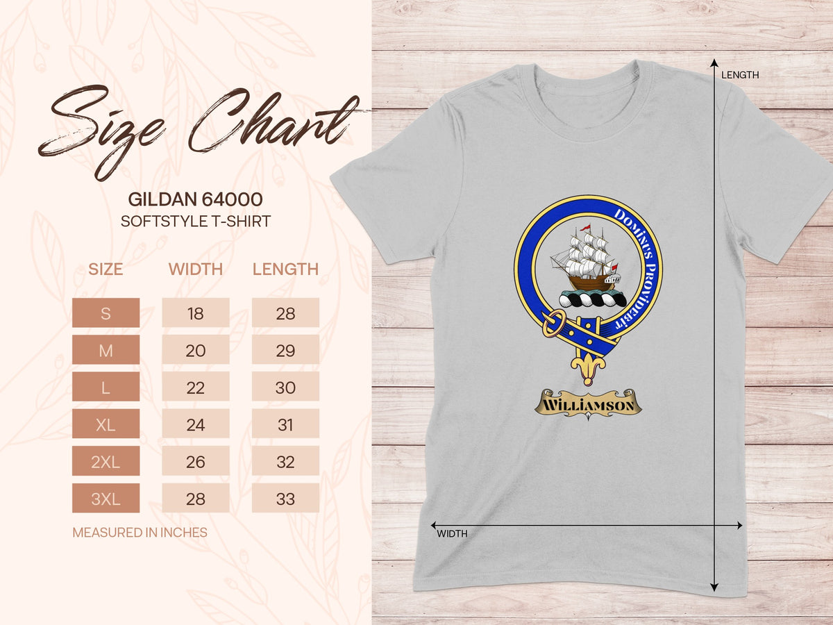 Gildan 64000 size chart for Williamson Scottish clan crest T-shirt