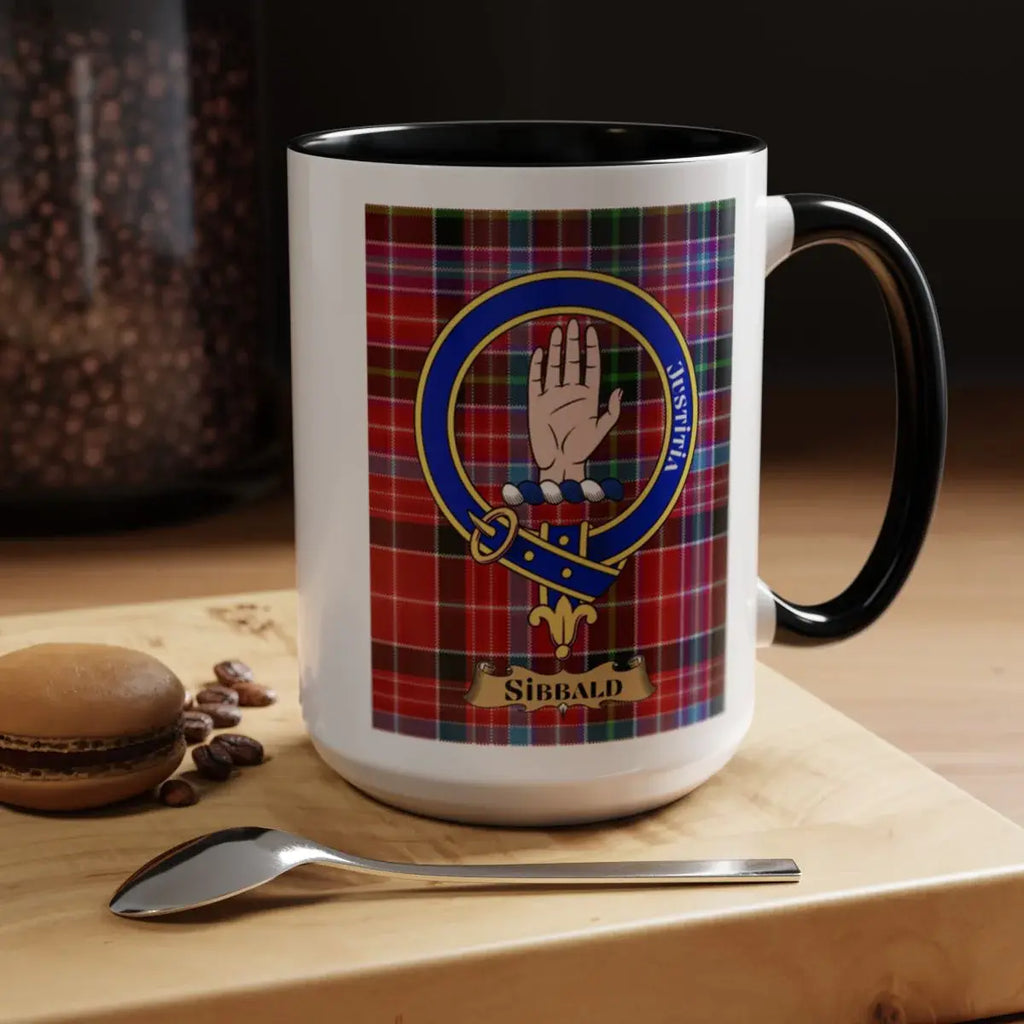 Close-up of the Sibbald clan crest printed on a ceramic mug