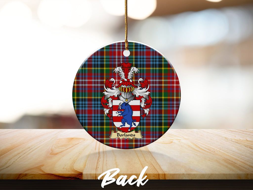 Round Borlands Scottish clan ornament with family crest on a Caledonia tartan background