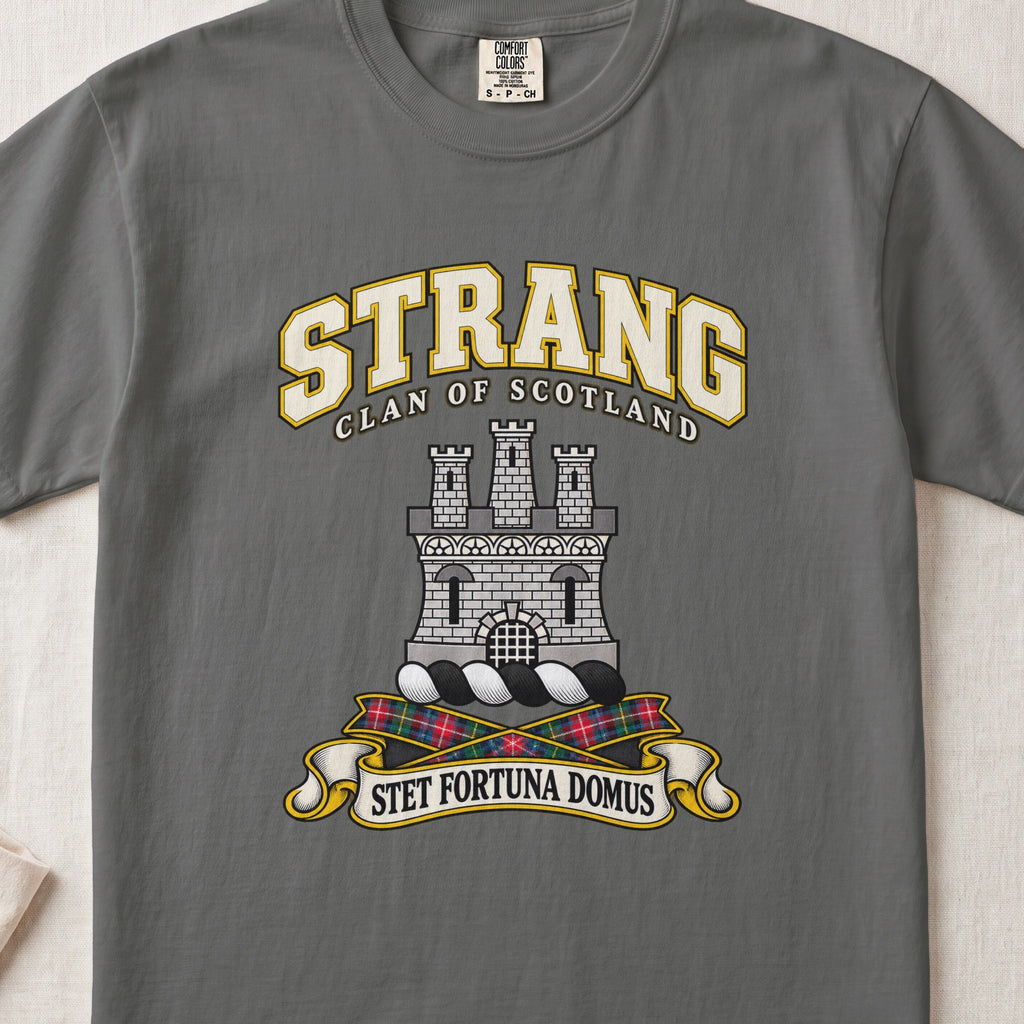Strang Scottish clan T-shirt in Pepper, front view with a silver three-towered castle and motto design.