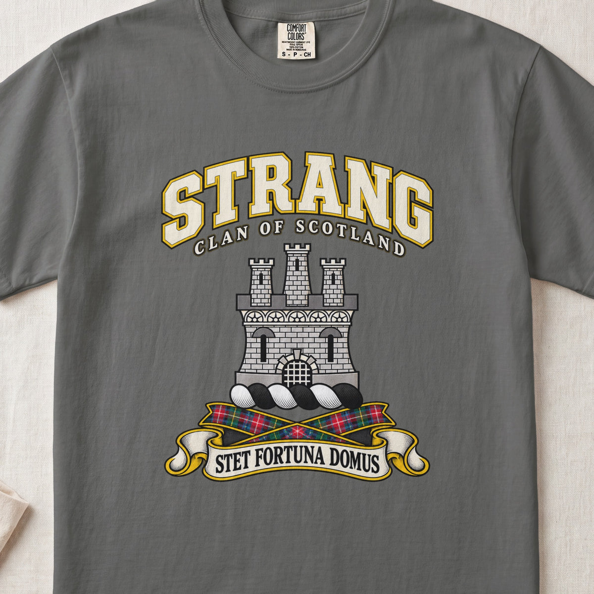 Strang Scottish clan T-shirt in Pepper, front view with a silver three-towered castle and motto design.