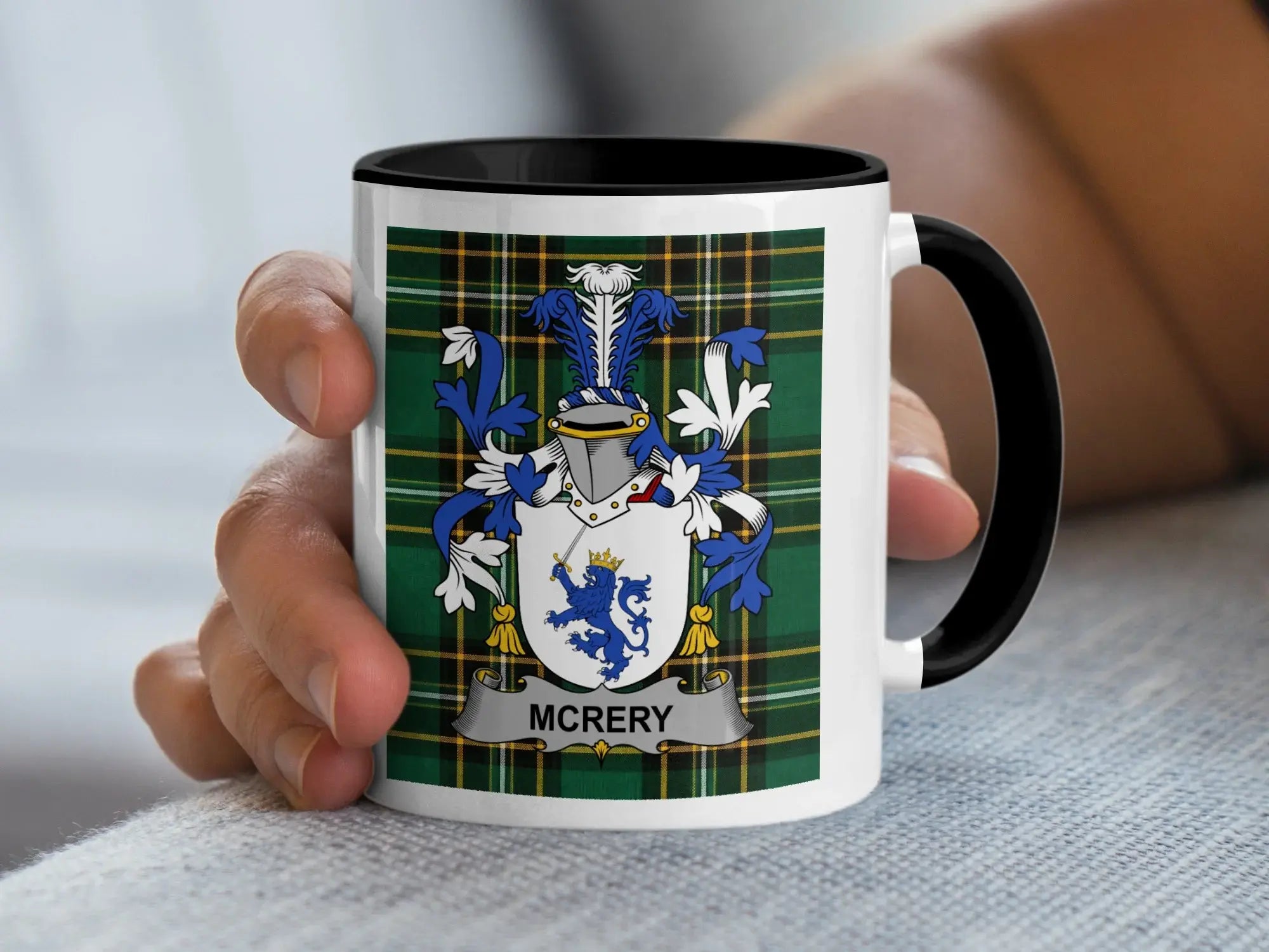 McRery Irish family crest black accent mug