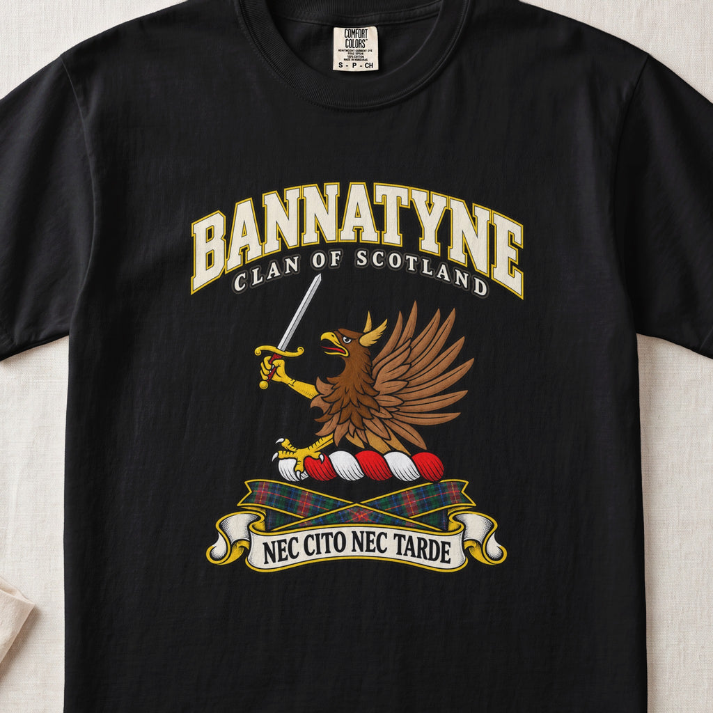 Bannatyne Scottish clan T-shirt in Black, front view with a brown eagle holding a sword and motto design.