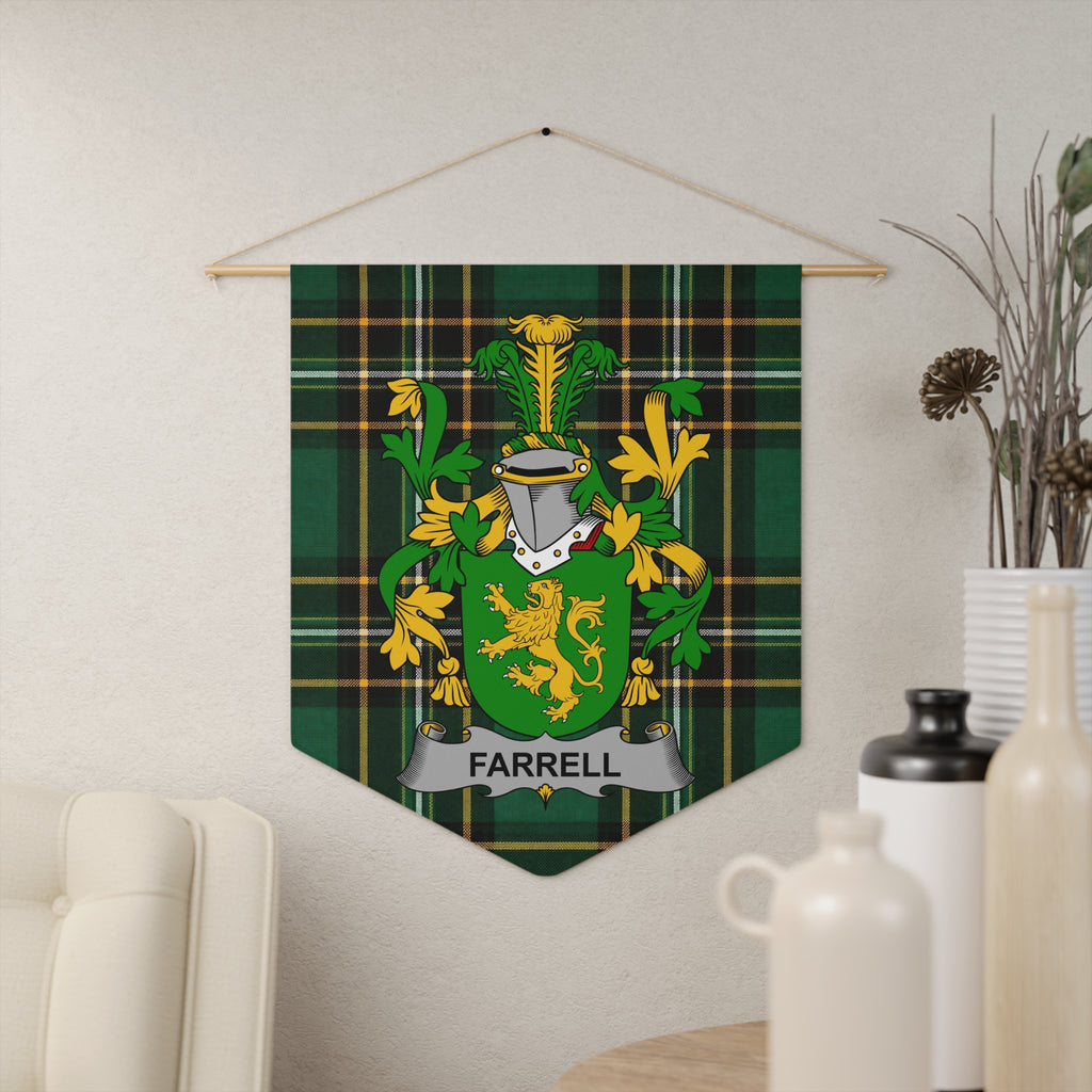 Farrell family crest banner with green plaid background and gold lion.