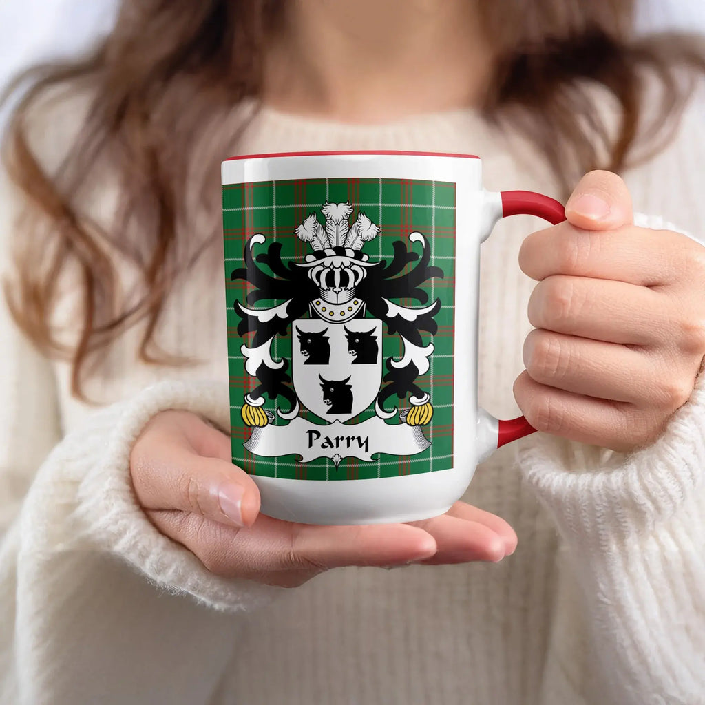 Parry Welsh family name mug with red accent and coat of arms on plaid tartan background