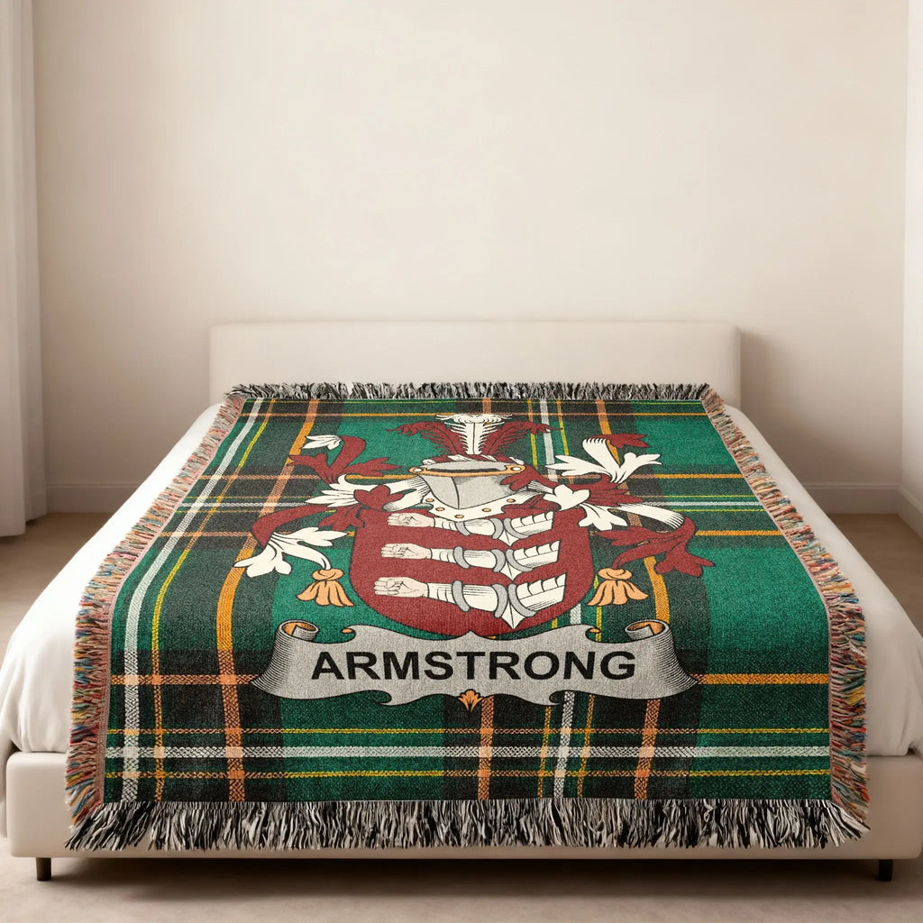 Armstrong family crest green plaid woven blanket draped — Irish tartan design, 80x60 size