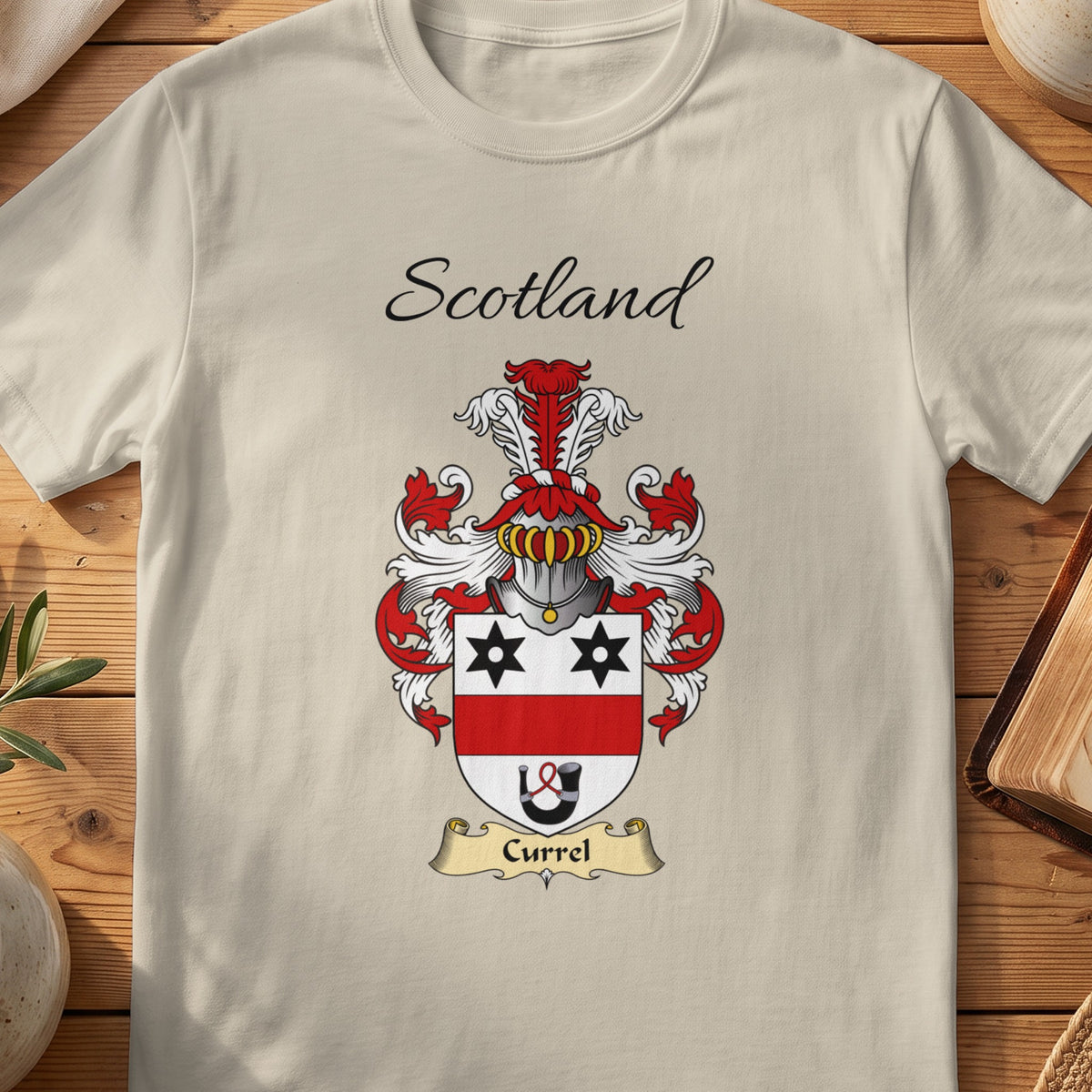 Sand Currel Scottish family shield T-shirt featuring black stars above a red band