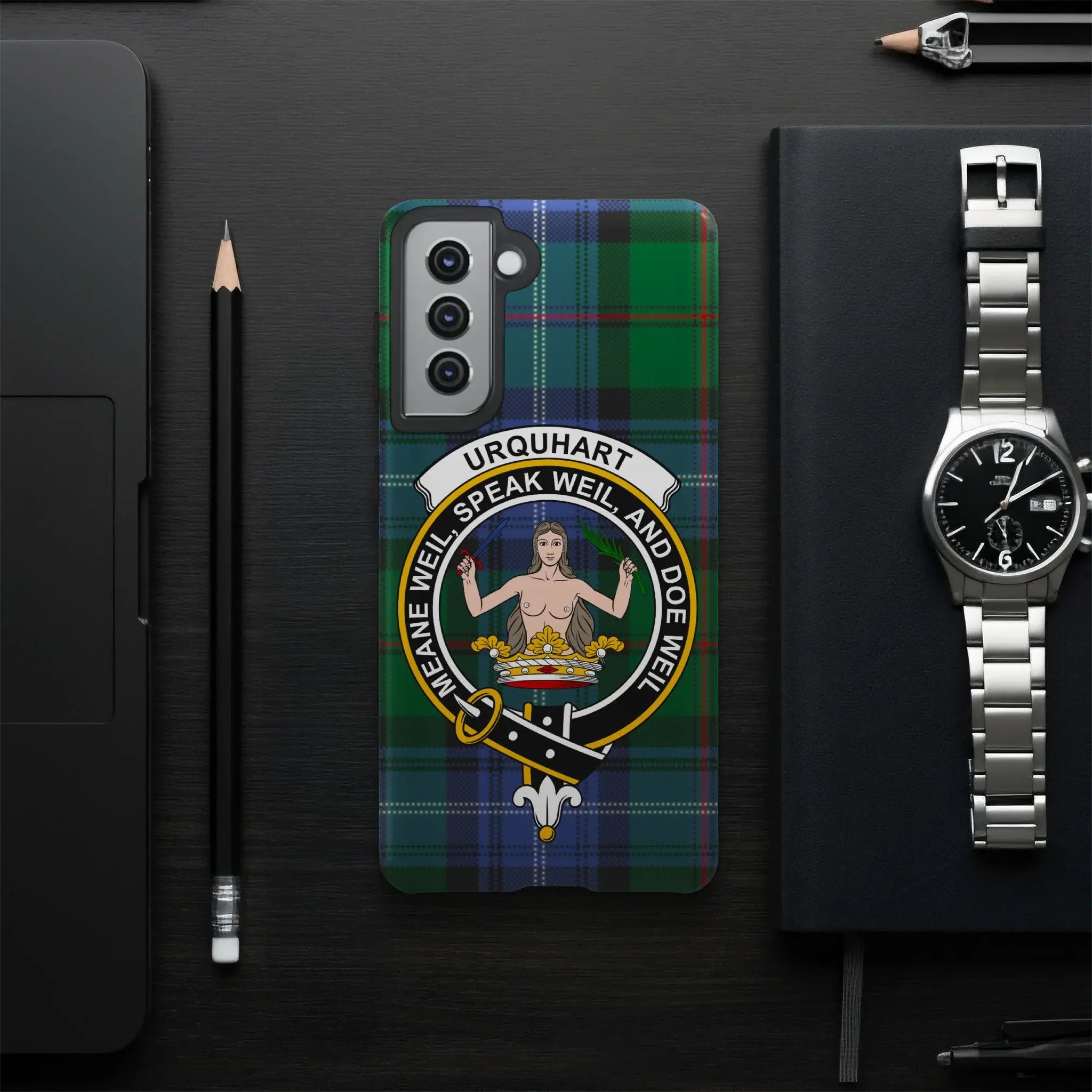 Urquhart tartan phone case with clan crest design — Samsung variant