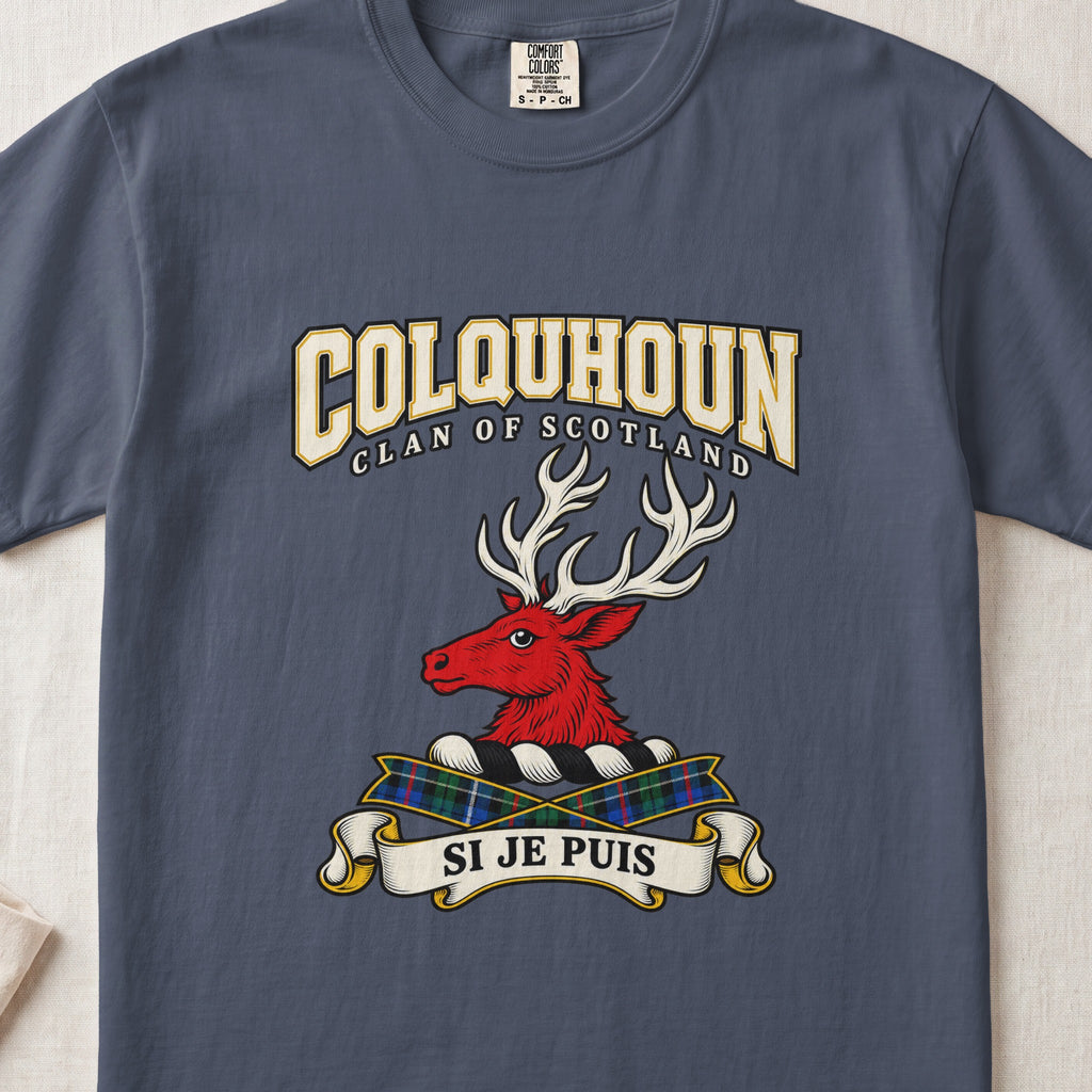 Colquhoun Scottish clan graphic T-shirt in Midnight, front view