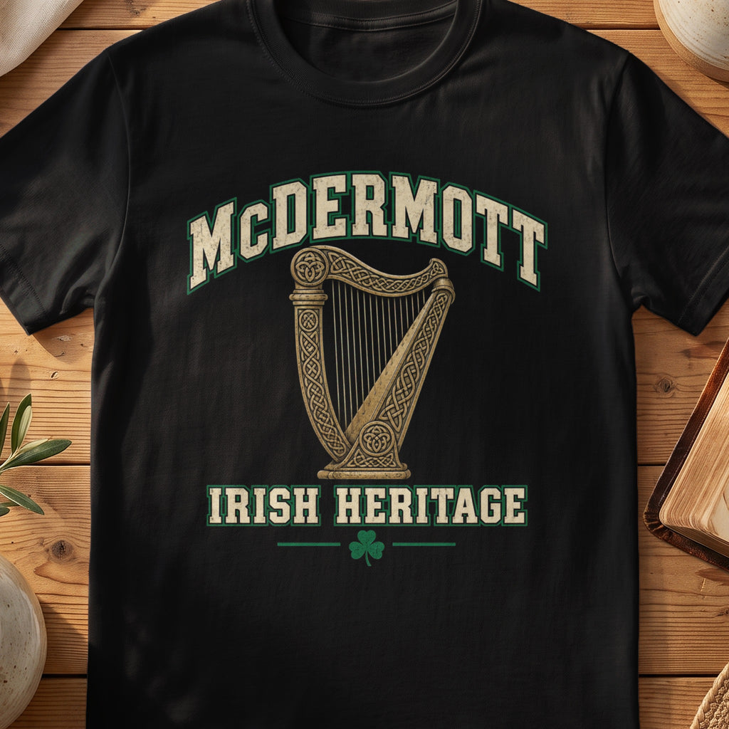 McDermott Irish Heritage black Gildan 64000 T-shirt with Celtic harp design