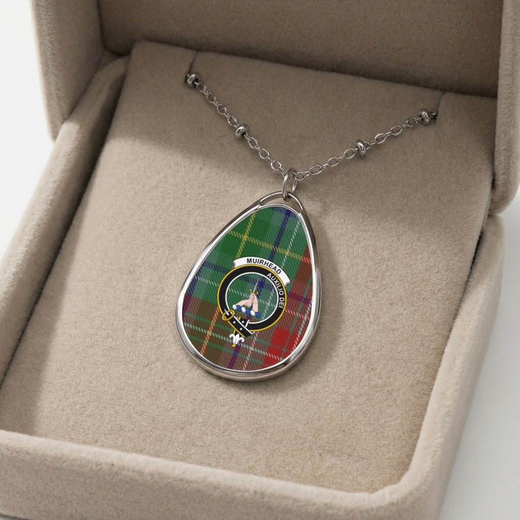 Oval pendant necklace with Muirhead tartan and crest in a jewelry box.