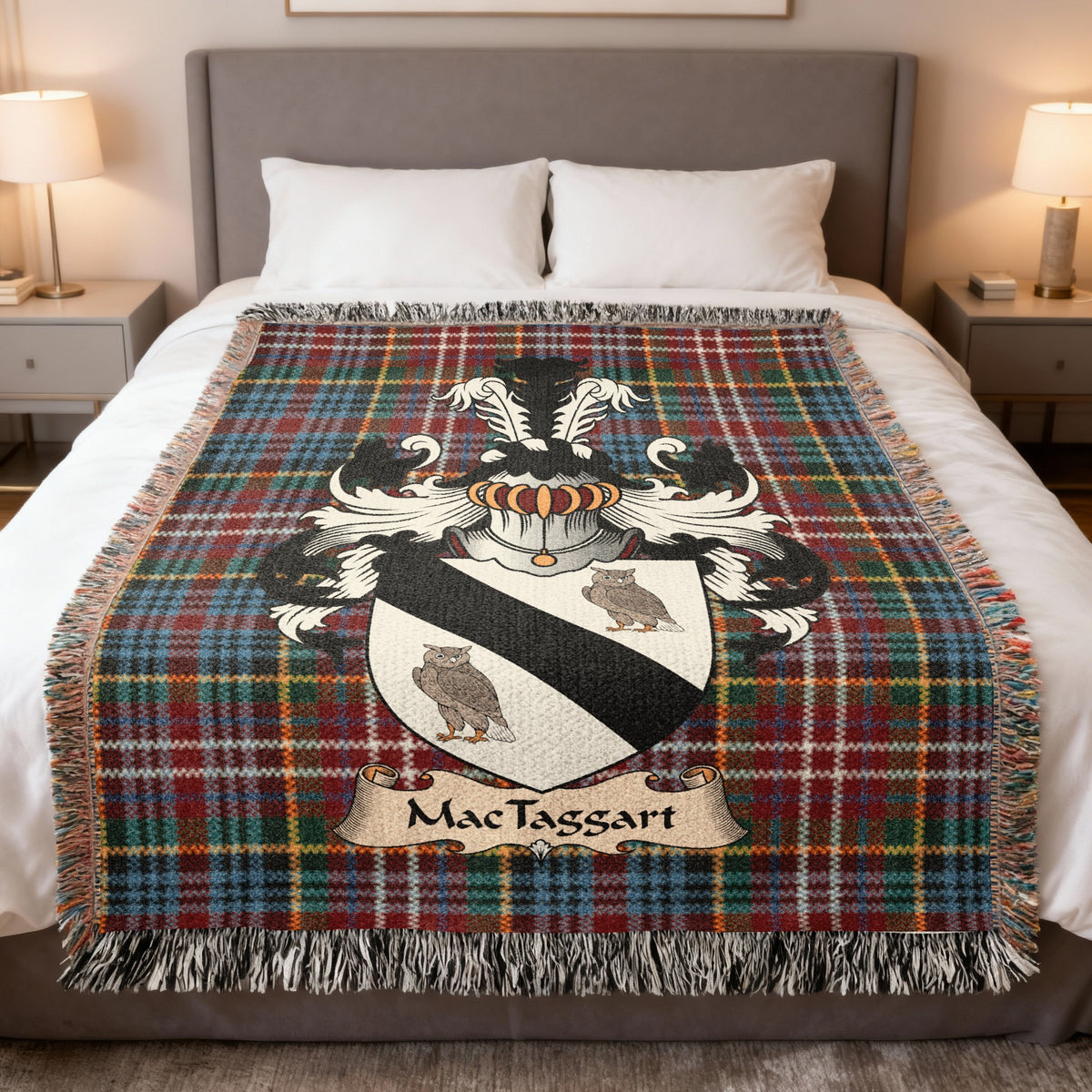 MacTaggart Caledonia tartan heritage woven throw blanket with family shield