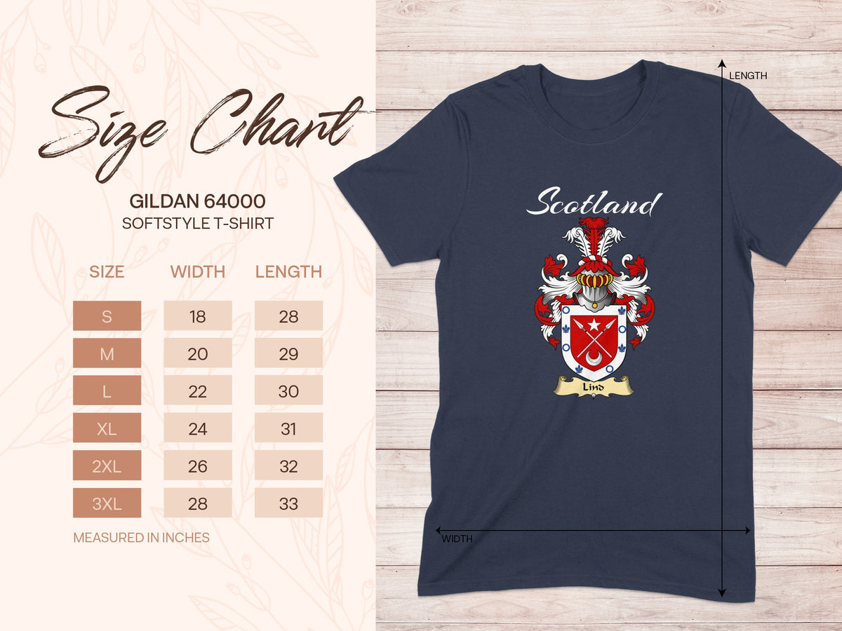 Gildan 64000 size chart for the Lind unisex T-shirt, sizes S to 3XL