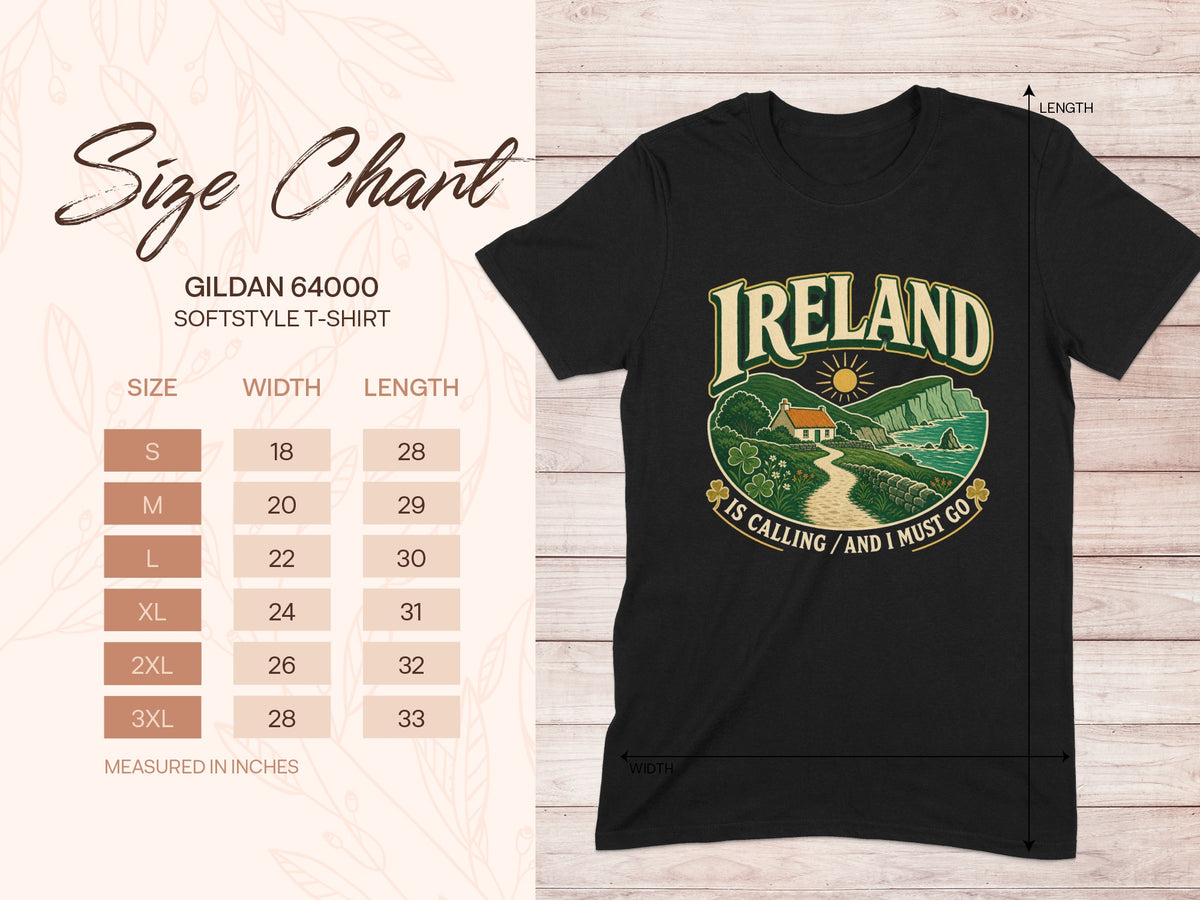 Gildan 64000 unisex T-shirt size chart with width and length measurements